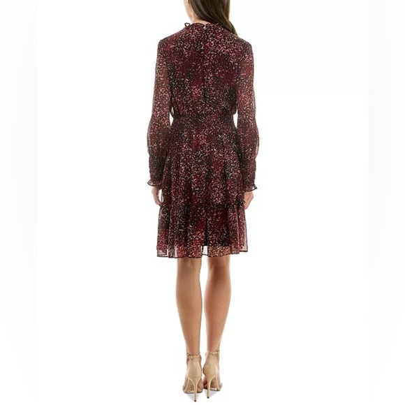 TAYLOR Black Maroon Print Long Sleeve Chiffon Smocked Waist Mini Dress Size 8 - Picture 2 of 10
